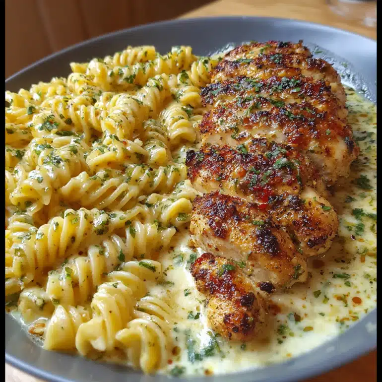 Creamy Garlic Parmesan Chicken with Cheesy Twisted Pasta delights!