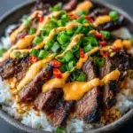 Korean BBQ Steak Rice Bowls with Spicy Cream Sauce