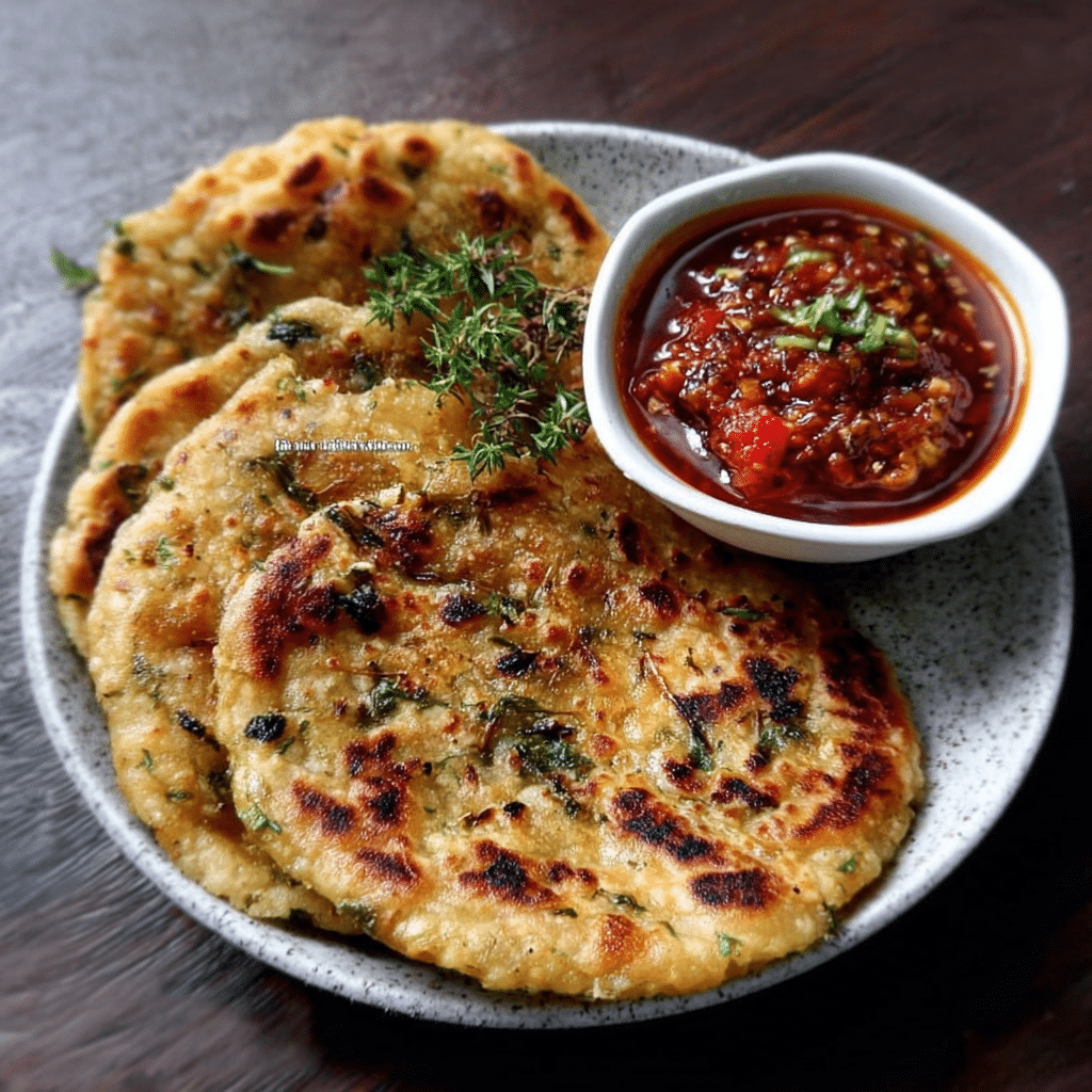 Indian Methi Paratha with Spicy Tomato Chutney is delicious!