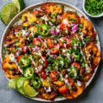 Loaded Sweet Potato Nachos with Black Beans & Chipotle Crema