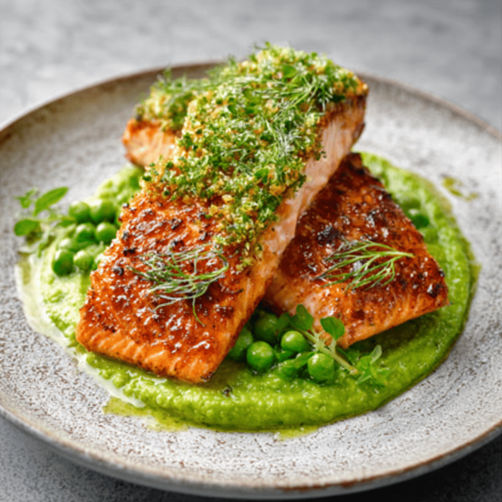 Seared Salmon with Pea Purée & Herb Crust is Irresistible!