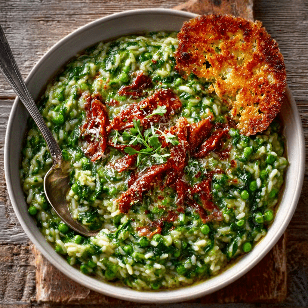 Spinach & Pea Risotto with Parmesan Crisp is Delicious!