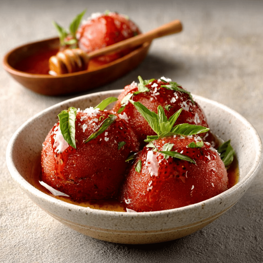 Strawberry Basil Sorbet with Honey Drizzle delights your palate!