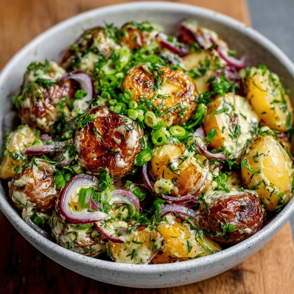 Warm Potato Salad with Spring Onion & Mustard Dressing is a must-try!