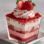 A decadent Strawberry Crunch Tres Leches Cup served in a clear square container, showcasing layers of fluffy pink strawberry cake at the bottom, creamy tres leches filling in the middle, and a swirl of whipped cream on top. The rim is dusted with vibrant red strawberry crunch crumbs for extra texture, and two fresh strawberries--one whole and one halved--crown the dessert. The cup is placed on a small white square plate, highlighting its elegant presentation. First Image