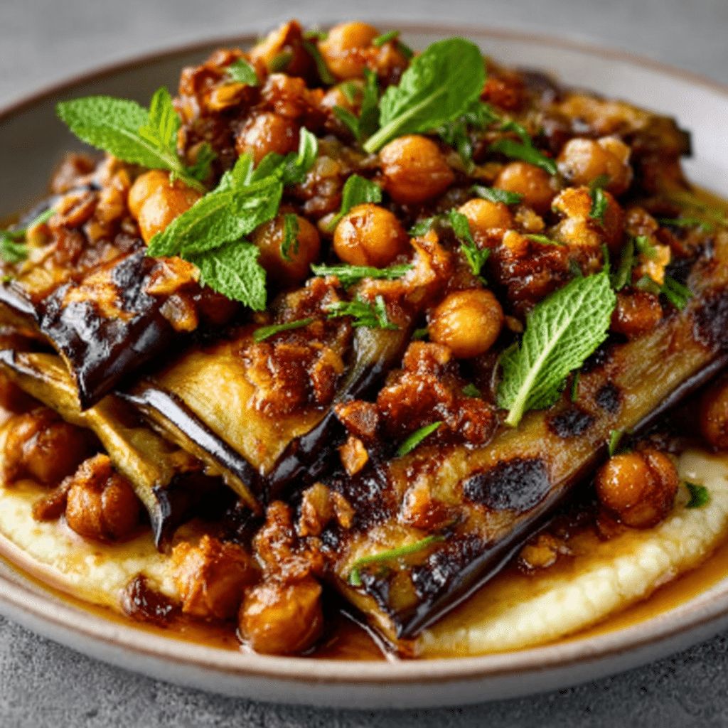 Roasted Eggplant Purée with Crispy Chickpeas delights your taste buds!