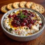 cranberry whipped feta dip with crackers in the background
