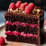 EXTRA MOIST CHOCOLATE, RASPBERRY & ROASTED HAZELNUT CAKE with whipped ganache First Image First Image