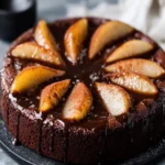 Decadent Flourless Olive Oil Chocolate Cake with Spiced Pears First Image First Image