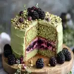 Pistachio Olive Oil Cake with Blackberry Thyme Buttercream First Image First Image